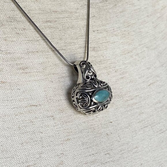 Sterling Silver 925 Chunky Bali Style Scrollwork Turquoise Pendant Necklace 18" - Picture 11 of 16